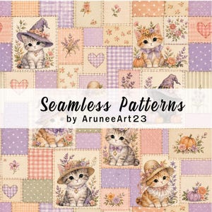 Patrón sin costuras de retazos de gatitos en tonos pastel, papel digital de gato adorable, estampado de lazo floral coqueto, tela para habitación infantil estilo cottagecore, PNG para álbum de recortes