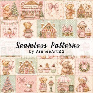 Nahtloses Weihnachtsmuster in Pastellfarben, digitales Papier mit Lebkuchen-Teddybär, rosa Weihnachts-Patchwork, verspieltes Weihnachts-Scrapbook
