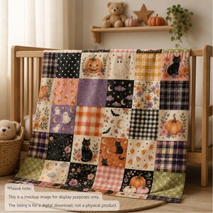 May include: A patchwork quilt featuring a Halloween theme with squares displaying pumpkins, black cats, ghosts, candy corn, bats, moons, stars, spiderwebs, and floral patterns in black, orange, purple, pink, and white, with text at the bottom.