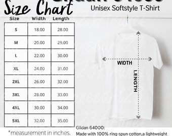 Gildan 64000 Size Chart  Mockup Gildan 64000 Unisex Softstyle T-Shirt Size Chart Guide Template Digital Download Size Chart Short Sleeve