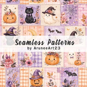 May include: A digital fabric pattern featuring a grid of squares with Halloween illustrations including black cats, ghosts, pumpkins, bats, spiderwebs, and floral arrangements in shades of purple, orange, and cream with the text Seamless Patterns by AruneeArt23.