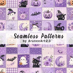 Purple Halloween Seamless Pattern, Cute Watercolor Patchwork Digital Paper, Black Cat Ghost Pumpkin Bat, Pastel Gothic Fabric Print