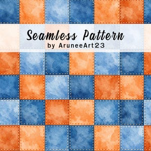May include: Seamless pattern featuring a grid of watercolor squares in shades of blue and orange, with stitched edges. The text "Seamless Pattern by AruneArt23" is displayed across the top.