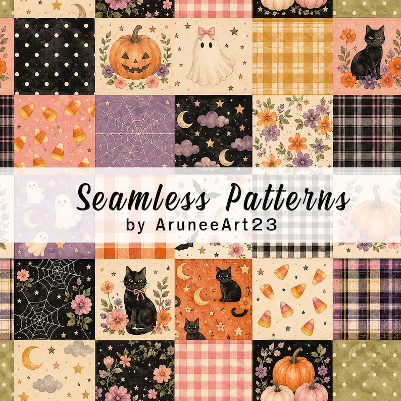 May include: A grid of square digital patterns featuring Halloween themes including orange pumpkins, white ghosts, black cats, candy corn, spider webs, stars, moons, and floral motifs in black, orange, purple, and cream with the text Seamless Patterns by AruneeArt23.