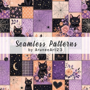 Op de afbeelding: Een digitaal stofontwerp met een patchworkpatroon van zwarte katten, spinnenwebben, paarse en oranje bloemmotieven, stippen en maansikkels. De tekst Seamless Patterns by AruneeArt23 staat gecentreerd over het ontwerp heen.