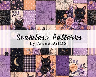 Halloween Black Cat Patchwork Seamless Pattern, Purple Floral Gothic Digital Paper, Spooky Quilt Print, Cute Cat Halloween PNG