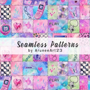 Y2K Cyber Pop Seamless Pattern, Watercolor Patchwork Digital Paper