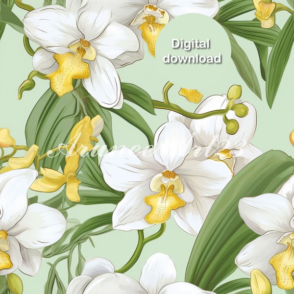 White Orchid flower Seamless , Illustrator line, white yellow color pattern, fabric pattern, scarf pattern, the beach, summer