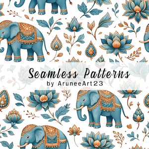 Thai Elephant Lotus Seamless Pattern, Patina Blue Gold Floral, Zen Luxury Asian Design, Digital Paper for Fabric Wallpaper Scrapbook