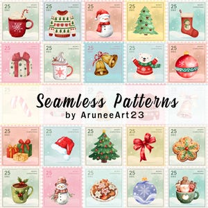 Puede incluir: Una colección de diseños de sellos postales cuadrados con ilustraciones en acuarela de iconos navideños que incluyen tazas, suéteres, muñecos de nieve, árboles, calcetines, regalos, campanas, un oso polar, adornos y galletas, con el texto Seamless Patterns by AruneeArt23.