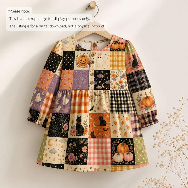 May include: A long-sleeved dress featuring a patchwork pattern of Halloween-themed squares, including pumpkins, black cats, ghosts, spiderwebs, plaid, and gingham prints. The dress has a round neckline with a button-down placket on the front.