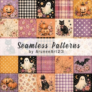 May include: A digital collage of Halloween-themed seamless patterns featuring pumpkins, ghosts, black cats, bats, spiderwebs, and floral motifs in orange, purple, and black. The text Seamless Patterns by AruneeArt23 is centered.