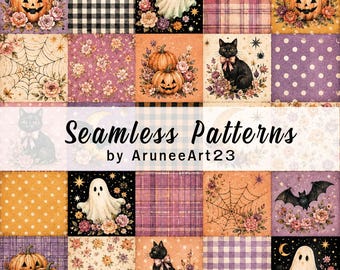 Halloween Patchwork Seamless Pattern Watercolor Pumpkin Ghost Black Cat Digital Vintage Quilt Pattern Coquette Scrapbook Paper Printable