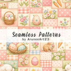 May include: A seamless pattern design with Easter motifs. The design incorporates pastel eggs, bunnies, flowers, carrots, and baskets. The text "Seamless Patterns by AruneArt23" is displayed in the centre of the image.