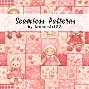Könnte beinhalten: Ein Patchwork-Design mit Puppen, Herzen und floralen Mustern in Rosa- und Rottönen. Die Worte "Seamless Patterns" werden über dem Namen des Künstlers, "AruneeArt23", angezeigt. Das Gesamtthema ist ein niedliches und skurriles Design.