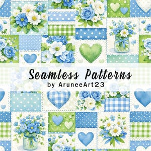 Naadloze bloemenpatchworkpatroon blauw groen, aquarel bloemen harten, digitaal papier Cottagecore, achtergrond quiltstijl