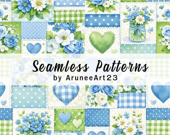 Patrón floral sin costuras de patchwork en azul y verde, flores de acuarela y corazones, papel digital cottagecore, fondo estilo quilt.