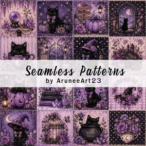 Padrão sem costura de gato preto roxo para o Halloween, papel digital gótico e bruxo, patchwork floral com abóbora e gato preto, álbum de recortes de Halloween