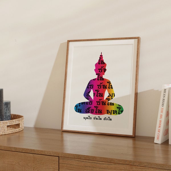 Buddha Dhamma Sangho Thai Buddha Colorful  Wall Art,Printable Art,Yoga room, Buddha room, Gold color, Minimal style, Buddha wall Art