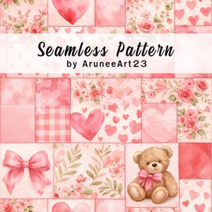 Wzór patchworkowy z misiem walentynkowym, kokardka z różowo-czerwonymi akwarelowymi sercami i kwiatowym papierem cyfrowym, uroczy wzór z misiem, 3600 pikseli