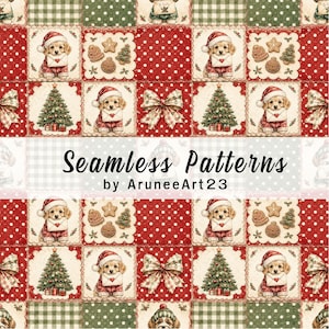 Peut inclure: Un motif numérique répétitif composé de carrés festifs avec des chiots en bonnets de Noël tenant des enveloppes, des sapins, des biscuits en pain d'épices et des nœuds sur des fonds à pois rouges et carreaux verts. Texte : Seamless Patterns by AruneeArt23.