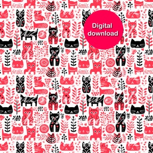 May include: A seamless pattern featuring black and red stylized cats, hearts, and floral designs on a white background. The text "Digital download" is in a red circle.
