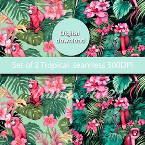 May include: Two seamless digital patterns featuring pink tropical flowers, lush green leaves, and red monkeys. The text "Digital download" and "Set of 2 Tropical seamless 300DPI" is included in the image.
