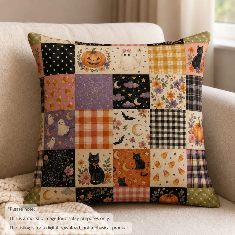 May include: A square throw pillow featuring a patchwork design with various Halloween-themed patterns including black cats, pumpkins, ghosts, bats, candy corn, spider webs, moons, stars, and floral motifs in orange, black, purple, and cream colors.