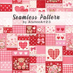 Walentynkowy patchworkowy wzór bez szwu, różowo-czerwone serca, miś pluszowy, akwarela, uroczy walentynkowy papier cyfrowy, album do druku