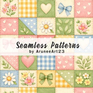 Puede incluir: Un diseño de patrón sin costuras colorido con cuadrados con varios motivos. Los cuadrados incluyen corazones, lazos, flores y patrones de cuadros vichy en colores pastel. El texto "Seamless Patterns" se muestra en el centro, con el nombre del artista debajo.