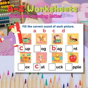 Werkbladen voor kinderen, a-z werkbladen, 26 alfabet, de ontbrekende letter invullen, oefenen, woorden schrijven, spelen, de woorden leren, grappig spel