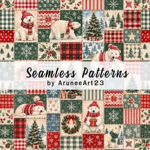Pode incluir: Um design de tecido patchwork com quadrados repetidos de ursos polares com cachecóis e gorros de malha vermelha, árvores de Natal decoradas, bagas de azevinho, flocos de neve e padrões xadrez vermelhos e verdes. O texto Seamless Patterns by AruneeArt23 está sobreposto.