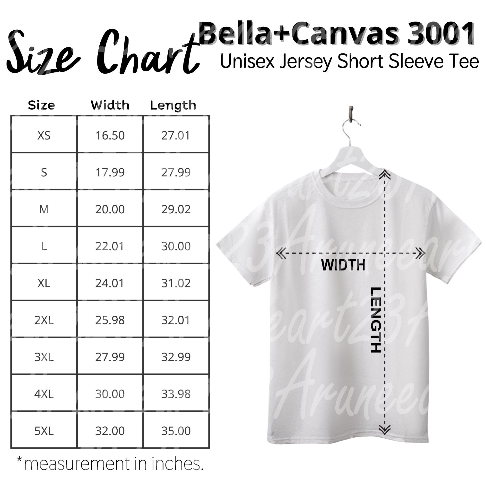 Bella Canvas 3001 Size Chart  Mockup Bella Canvas T shirt Size Chart Guide Template Digital Download Size Chart  Unisex Jersey Short Sleeve
