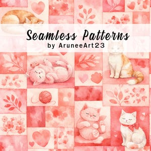 Op de afbeelding: Naadloos aquarelpatroon met roze en rode vierkanten. Het patroon toont illustraties van katten, harten en bloemmotieven. De tekst "Seamless Patterns by AruneArt23" staat in het midden.