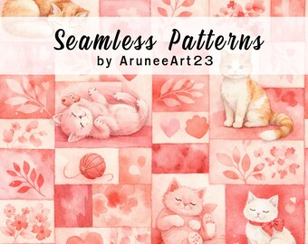 Cute Cat Watercolor Patchwork Seamless Pattern | Pink Valentine Cats Digital Paper | Cozy Nursery Fabric & Scrapbook Design