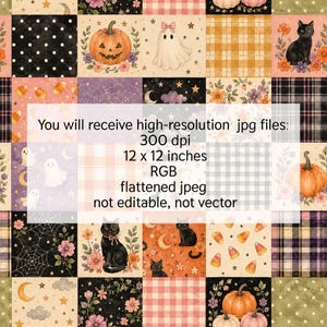 May include: A digital patchwork pattern featuring Halloween motifs including pumpkins, ghosts, black cats, candy corn, stars, moons, and floral elements. The design incorporates various textures like plaid, gingham, and polka dots in orange, black, and cream.