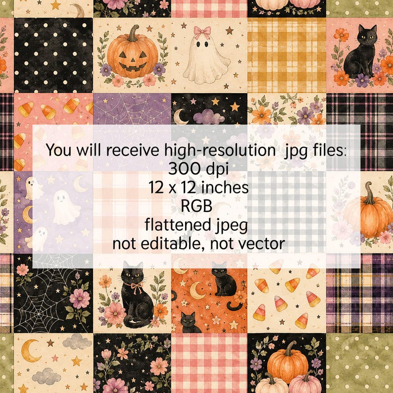 May include: A digital patchwork pattern featuring Halloween motifs including pumpkins, ghosts, black cats, candy corn, stars, moons, and floral elements. The design incorporates various textures like plaid, gingham, and polka dots in orange, black, and cream.