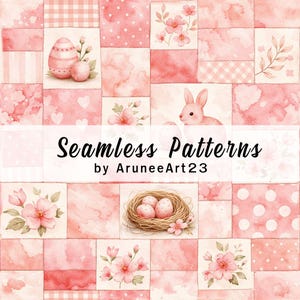 Pode incluir: Um design de padrão sem costura com quadrados rosa em aquarela com ilustrações com tema de Páscoa. O design inclui um coelho, ovos, flores e o texto "Seamless Patterns by AruneArt23."