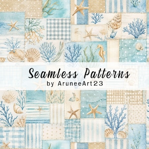 Coastal Watercolor Patchwork Seamless Pattern, Beach Shell Digital Paper, Blue Coral Ocean Fabric Print, Nautical Scrapbook PNG