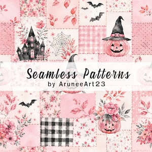 May include: A digital seamless pattern featuring a patchwork design in shades of pink, white, and black. Elements include watercolor illustrations of jack-o'-lanterns with witch hats, a haunted house, bats, spiderwebs, and floral motifs.