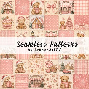 Rosa Weihnachtsmuster (nahtlos), Lebkuchen-Teddybär-Weihnachtspapier (digital), verspieltes Weihnachtsmuster, niedliches Weihnachts-Scrapbook