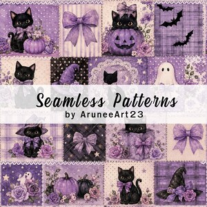 Padrão sem costura de gato preto para o Halloween, papel digital roxo para o Halloween, patchwork de gato bruxa, estampa de tecido gótica e fofa.