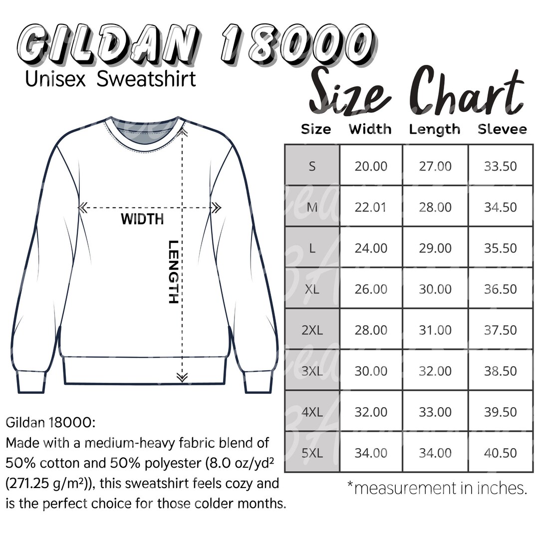 Size Chart Gildan 18000 Mockup Gildan Crewneck Sweatshirt Size Chart