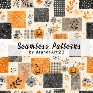 Halloween lapptäcke sömlöst mönster, akvarell pumpa digitalt papper, söt höstblommig plädtygtryck, klippbok