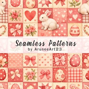 Könnte beinhalten: Nahtloses Musterdesign mit quadratischen Illustrationen zum Thema Ostern. Das Design umfasst Hasen, Eier, Herzen, Schleifen und Blumen in Rosa- und Rottönen. Der Text "Seamless Patterns" wird angezeigt.