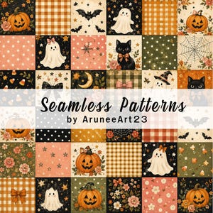 Cute Watercolor Halloween Patchwork Seamless Pattern: Pumpkin, Ghost, Black Cat (Digital Download)