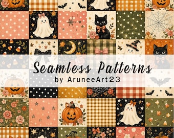 Cute Watercolor Halloween Patchwork Seamless Pattern: Pumpkin, Ghost, Black Cat (Digital Download)