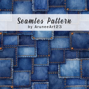 May include: A seamless pattern featuring a patchwork design of blue denim squares with frayed edges and contrasting orange stitching. The text "Seamless Pattern" is displayed across the center, with the artist's name below.