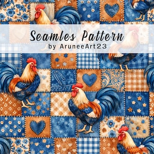 May include: A seamless pattern showcasing roosters with red crests and blue plumage, set on a patchwork of blue, brown, and white squares. The design incorporates hearts, floral motifs, and gingham checks. Text reads "Seamless Pattern by AruneArt23."