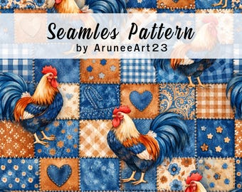 Rooster Patchwork Seamless Pattern, Blue Copper Farmhouse Quilt Style, Watercolor Chicken Digital Paper, Country Rustic Fabric Design